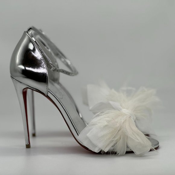 Christian Louboutin ANEMONA 100 Feather Bow Metallic Sandals Heels Shoes - Picture 10 of 16